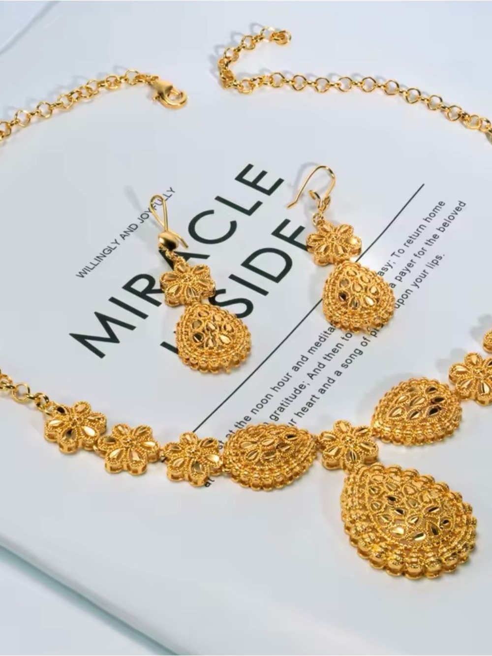 Gold Filigree Teardrop Necklace and Earring Set - Women Jewelry